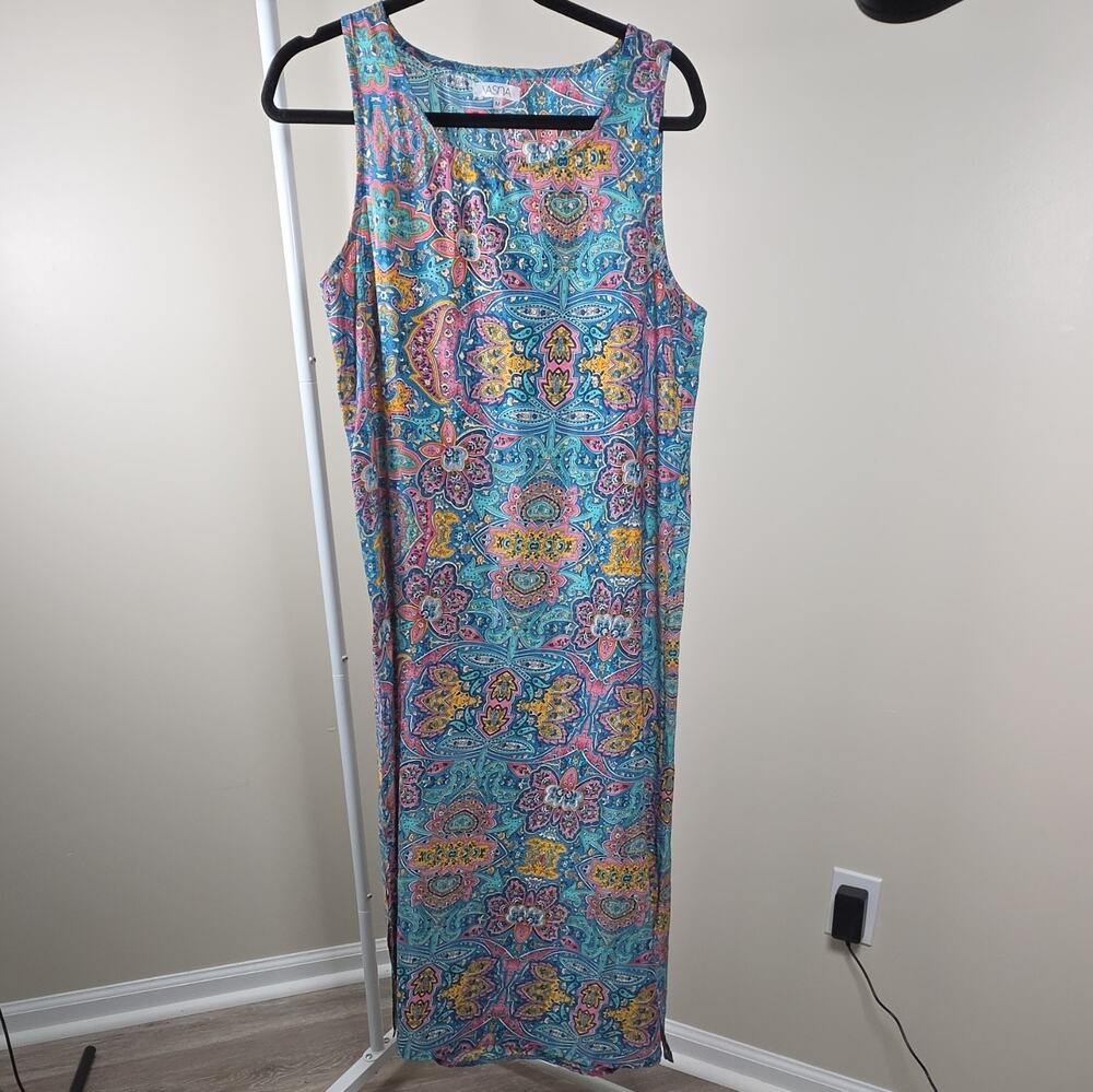 VASNA Blue Multicolor W/ Gold Accents Shift Dress Round Neck Sleeveless M